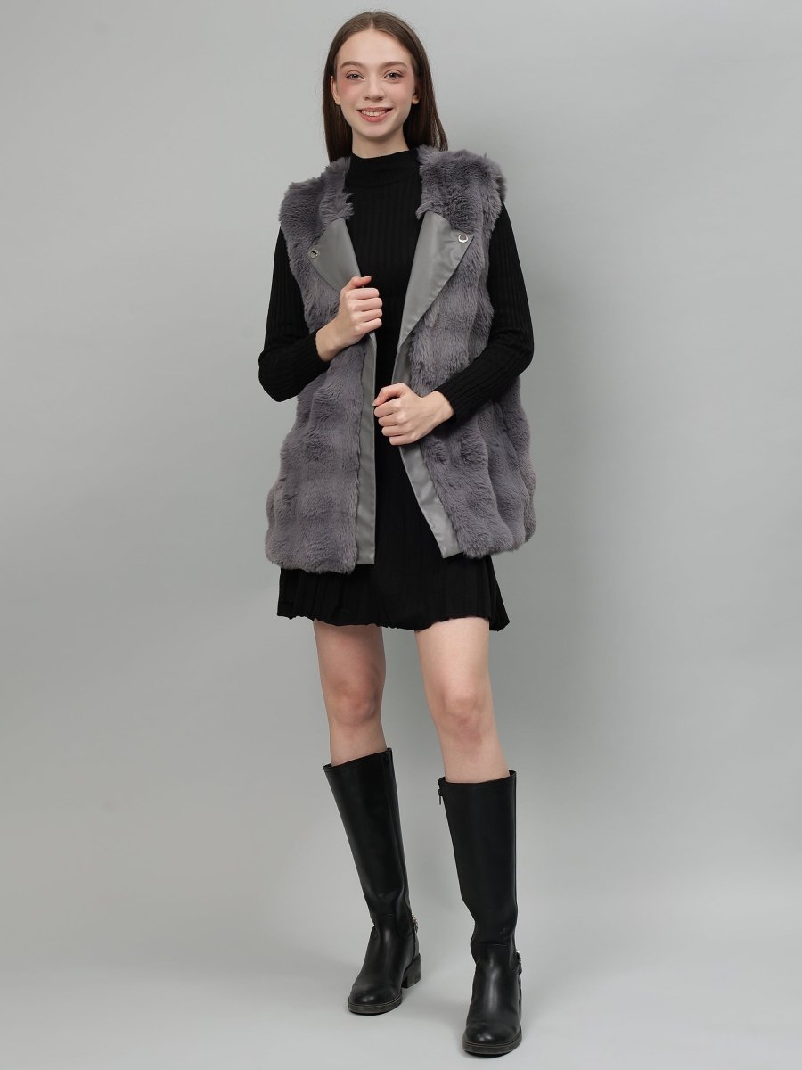 Gaiia Sleeveless Faux Fur Jacket With Leather Lapel - GAIIA